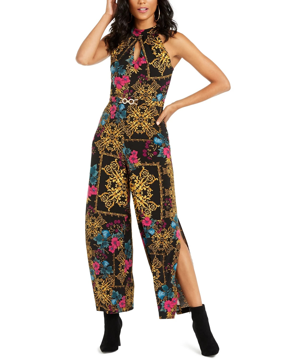 Macacão feminino estampado com decote halter Thalia Sodi, preto, tamanho X-S
