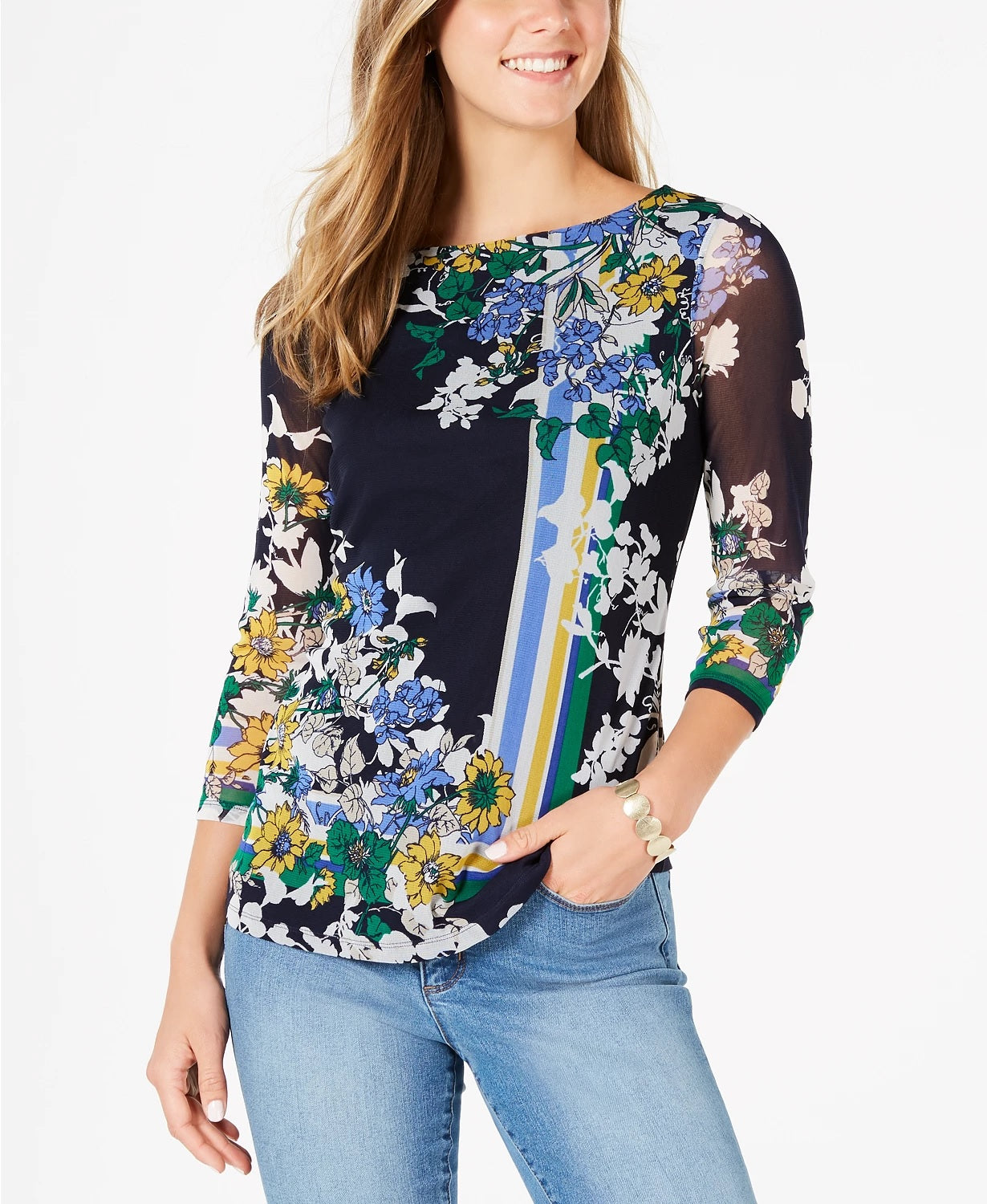 Blusa feminina estampada Charter Club com manga 3/4, azul, tamanho grande