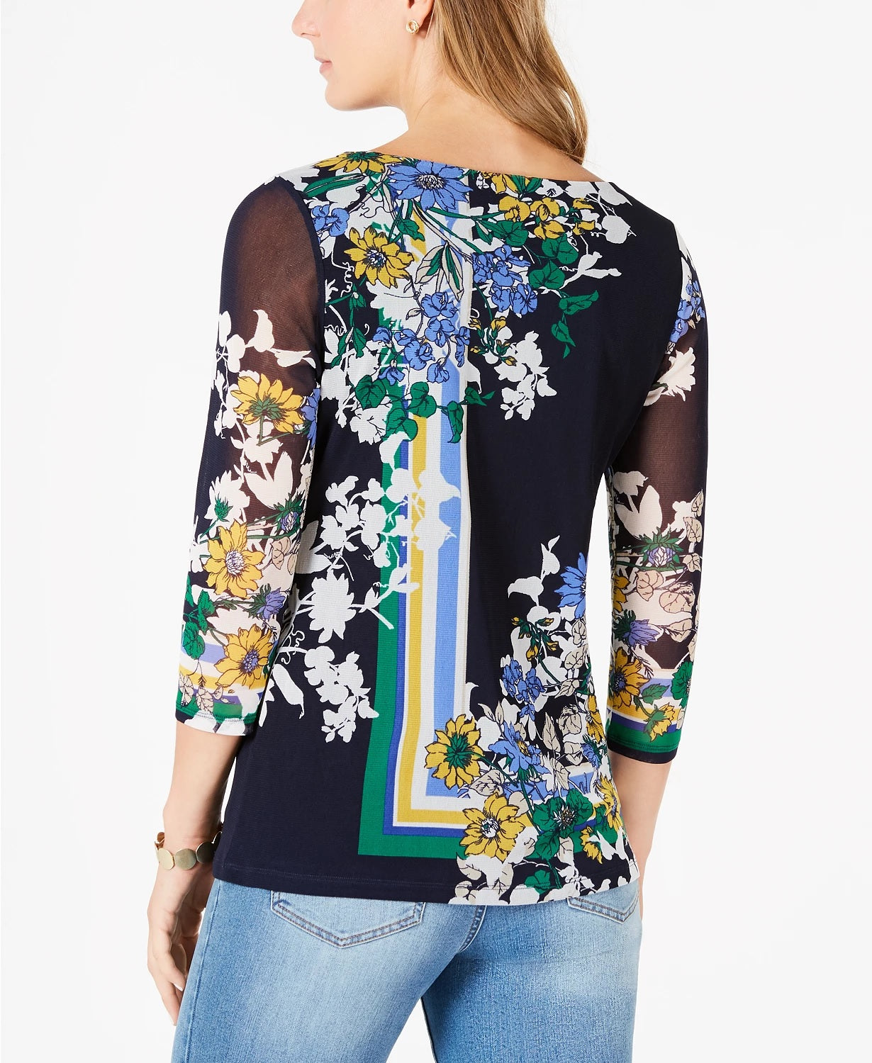 Blusa feminina estampada Charter Club com manga 3/4, azul, tamanho grande