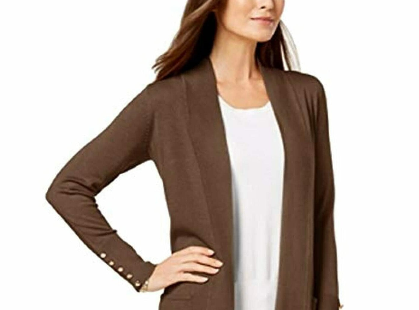 Cardigan feminino JM Collection com frente aberta, marrom, tamanho pequeno P