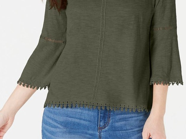 Blusa feminina estilo &amp; co com manga sino e acabamento em crochê, verde, tamanho pequeno M