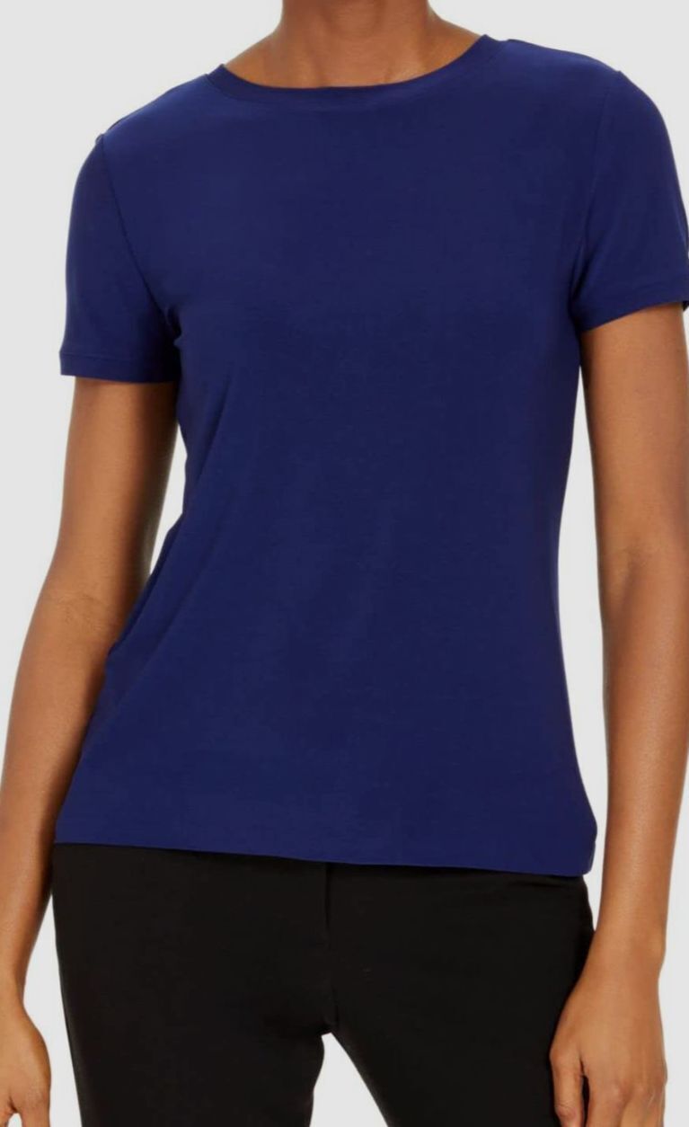 Camiseta feminina Anne Klein com botões nas costas, azul, tamanho XXS