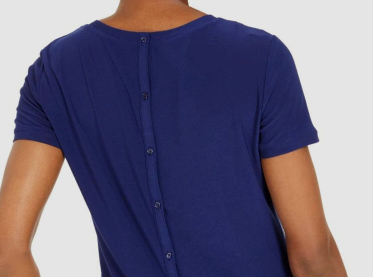 Camiseta feminina Anne Klein com botões nas costas, azul, tamanho XXS