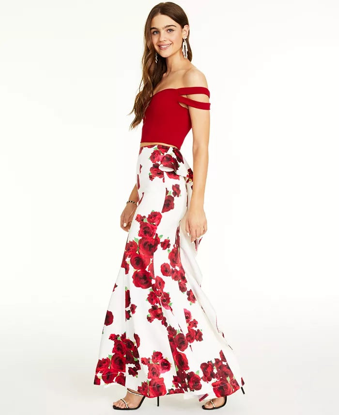 Vestido justo com ombros de fora, duas peças, Teeze Me Juniors, tamanho 9, vinho