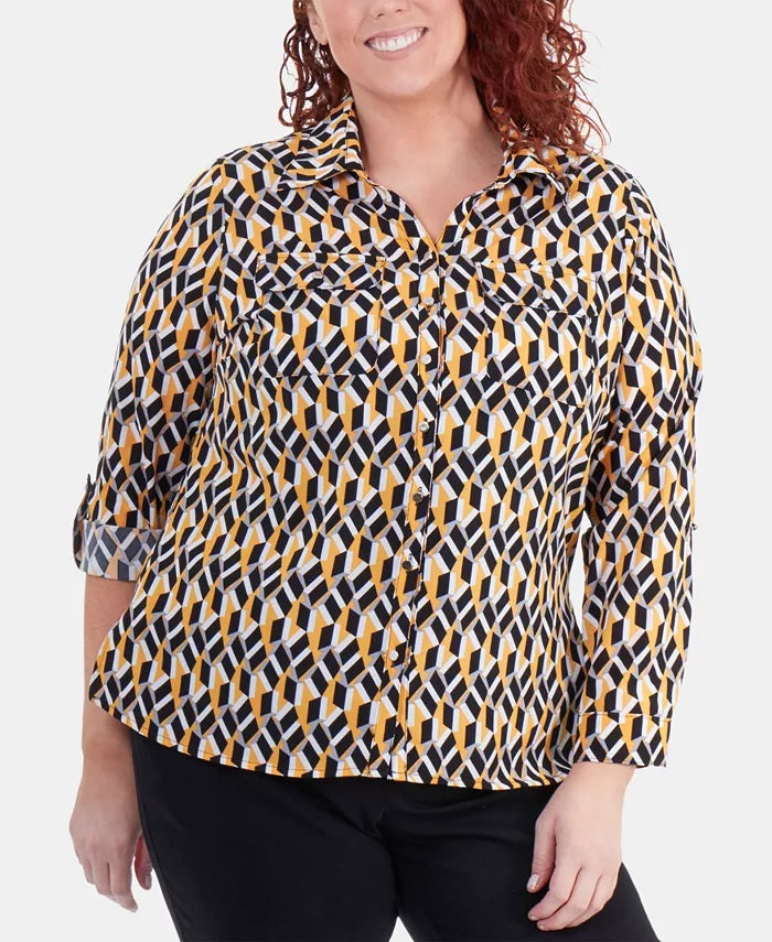 Camisa utilitária estampada plus size feminina NY Collection, amarelo escuro, tamanho 2X