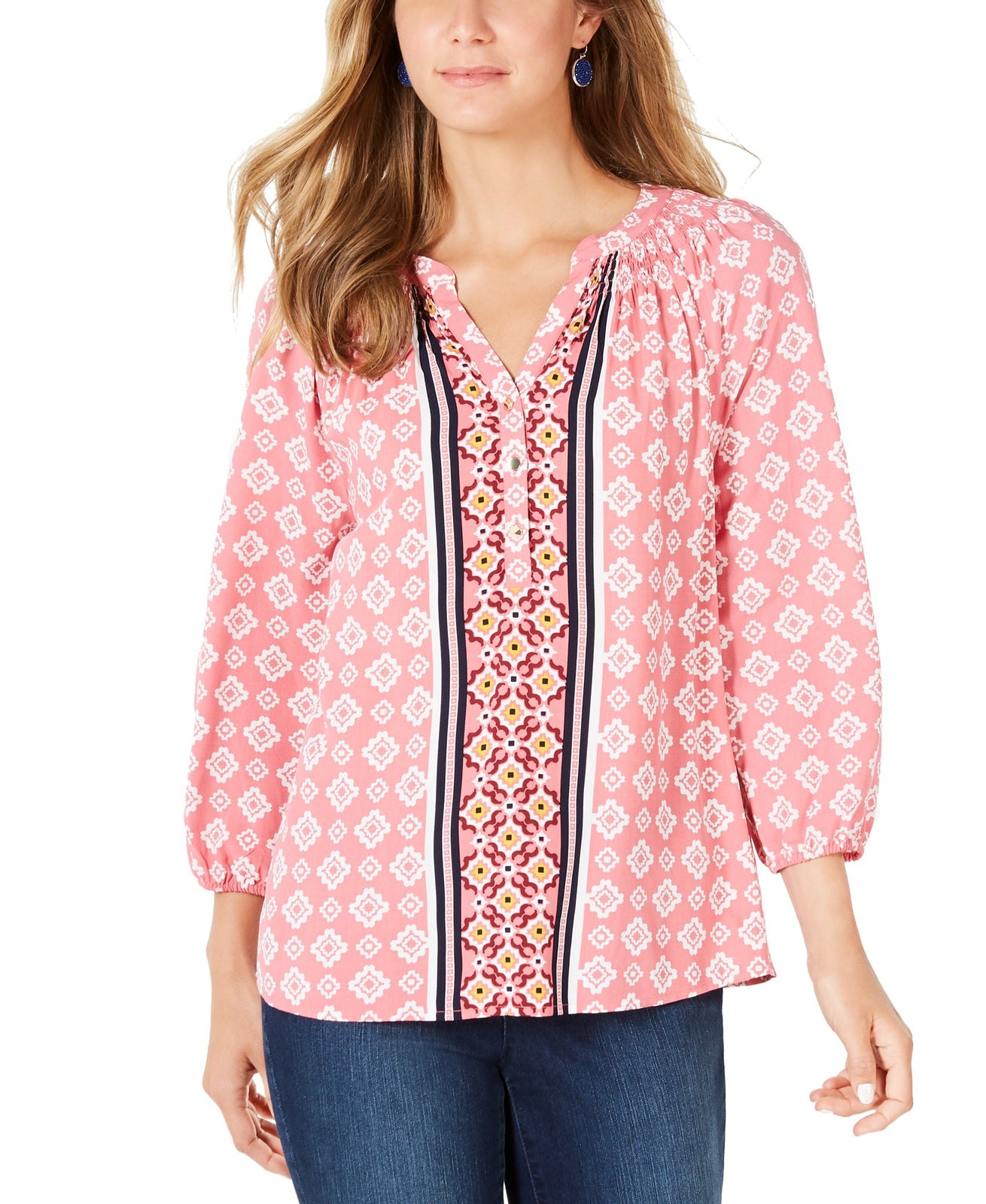 Charter Club Petite Blusa Estampada Manga 34 Feminina Rapture Rose Combo PXL