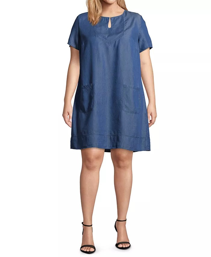 Vestido feminino plus size John Paul Richard com decote em V e mangas bufantes, azul, tamanho 2X