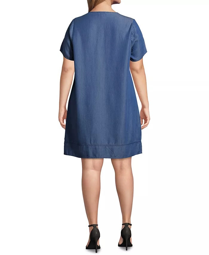 Vestido feminino plus size John Paul Richard com decote em V e mangas bufantes, azul, tamanho 2X