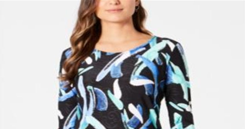 JM Collection Blusa feminina estampada com manga 3/4 em jacquard, preta, vários tamanhos, pequena, G