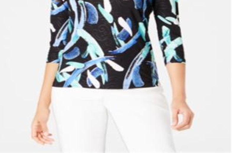 JM Collection Blusa feminina estampada com manga 3/4 em jacquard, preta, vários tamanhos, pequena, G