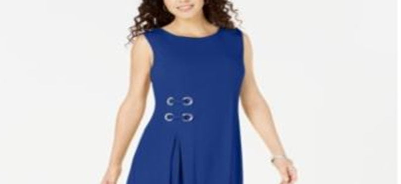 Vestido feminino com ilhós e cintura alta, tamanho pequeno e grande, azul, da coleção JM