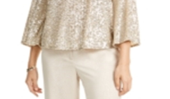 Blusa feminina Alfani com manga sino e lantejoulas, cor manteiga de cacau, tamanho pequeno P