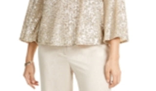 Blusa feminina Alfani com manga sino e lantejoulas, cor manteiga de cacau, tamanho pequeno P