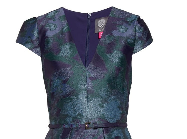 Vestido feminino Vince Camuto com cinto e estampa floral, ajuste evasê, azul, tamanho 14