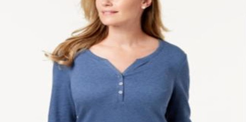 Karen Scott Top Henley de Algodão Feminino Azul Tamanho Grande