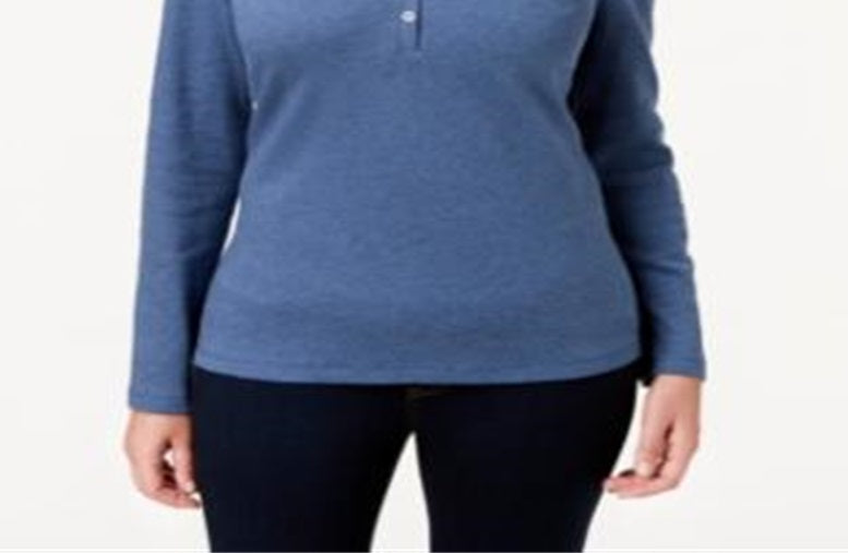 Karen Scott Top Henley de Algodão Feminino Azul Tamanho Grande
