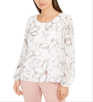 Blusa feminina Alfani com estampa floral e manga plissada, tamanho pequeno e branco