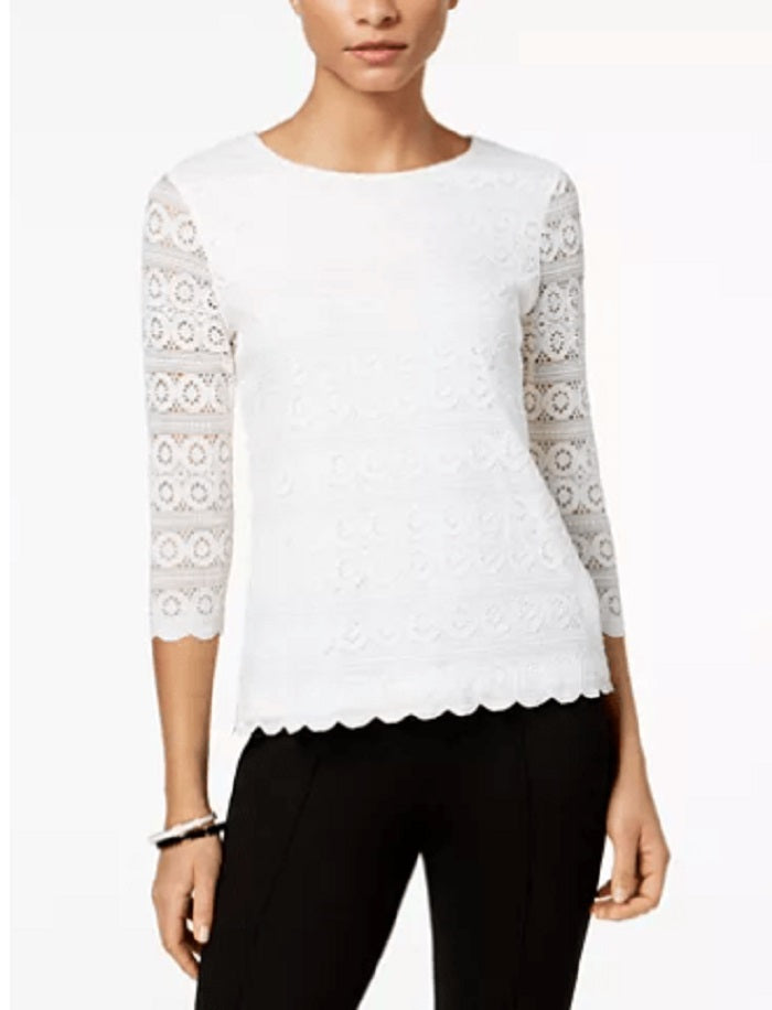 Top feminino de renda Charter Club com manga 3/4, branco, tamanho pequeno e pequeno