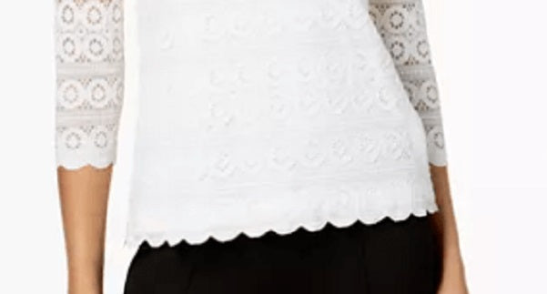 Top feminino de renda Charter Club com manga 3/4, branco, tamanho pequeno e pequeno