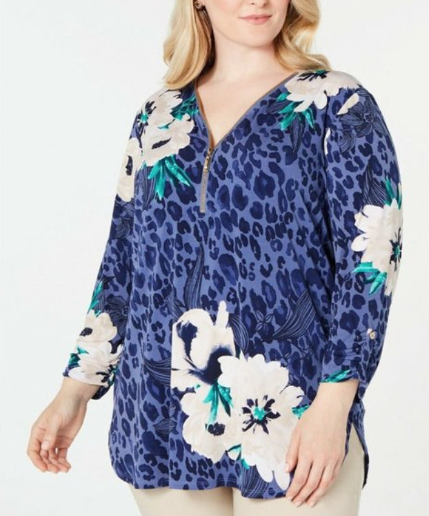 Blusa feminina JM Collection com estampa de chita roxa e zíper floral tamanho extra grande