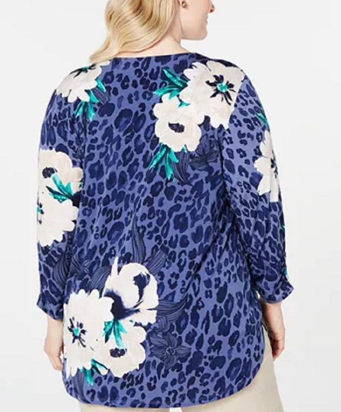 Blusa feminina JM Collection com estampa de chita roxa e zíper floral tamanho extra grande