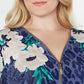 Blusa feminina JM Collection com estampa de chita roxa e zíper floral tamanho extra grande