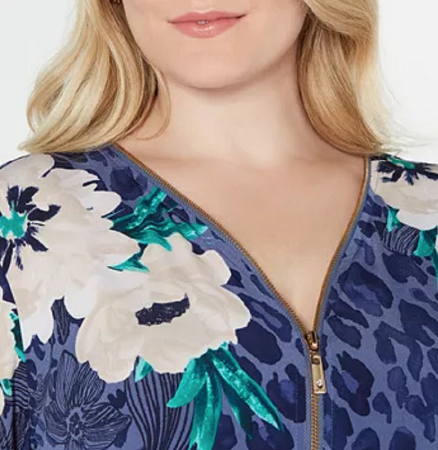Blusa feminina JM Collection com estampa de chita roxa e zíper floral tamanho extra grande