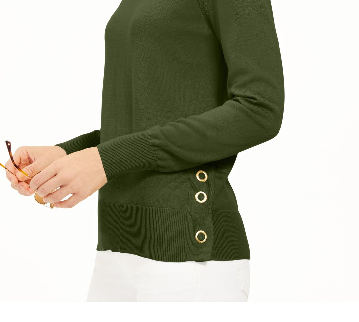 Blusa feminina Michael Kors de manga comprida e gola redonda, verde, tamanho médio