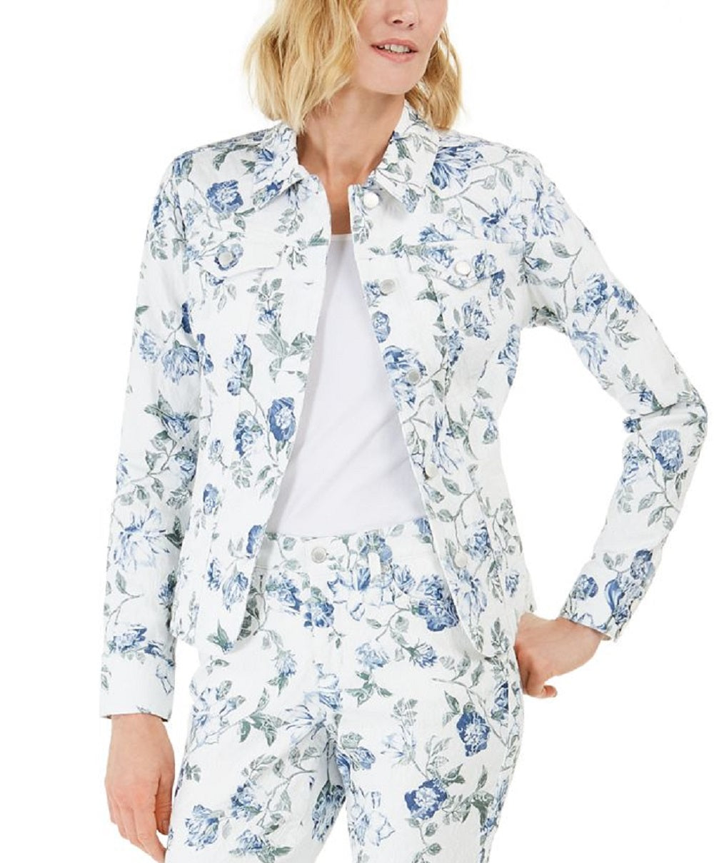 Jaqueta jeans feminina Charter Club com estampa floral e jacquard, azul, tamanho grande