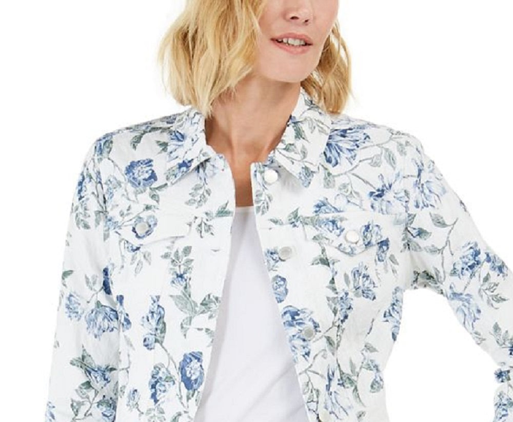 Jaqueta jeans feminina Charter Club com estampa floral e jacquard, azul, tamanho grande