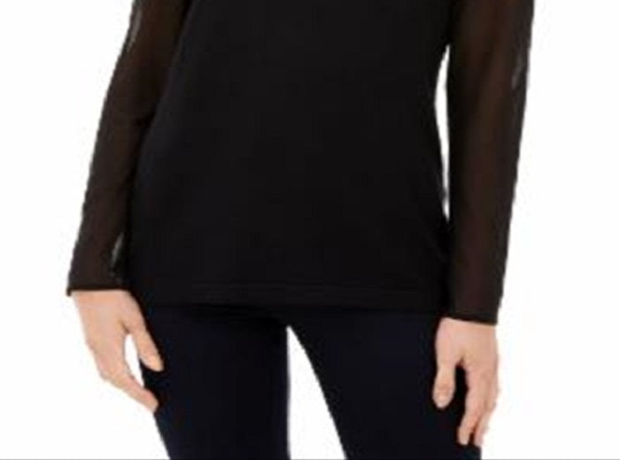 Suéter feminino com acabamento em renda e ilusão da INC International Concepts, preto, tamanho X-S