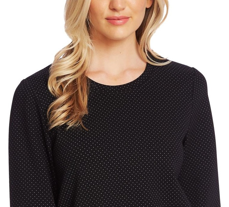 Top feminino CeCe de manga comprida com decote em V e acabamento em vieira, preto, tamanho P