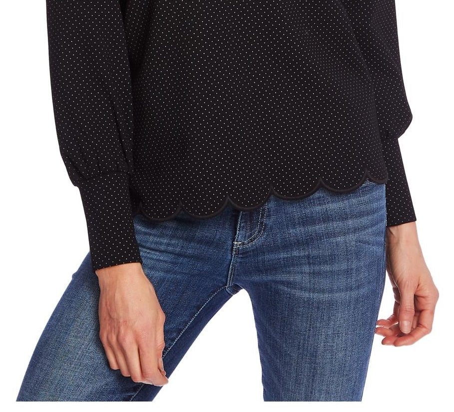 Top feminino CeCe de manga comprida com decote em V e acabamento em vieira, preto, tamanho P