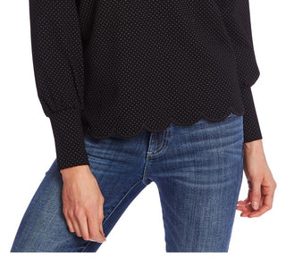 CeCe Women's Long Sleeve Pindot Scalloped Edge Top Black Size S