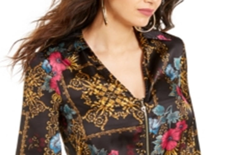 Blusa peplum feminina estampada com zíper Thalia Sodi, preta, tamanho G