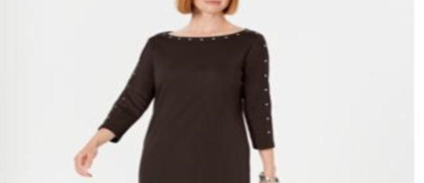 Vestido feminino Karen Scott com decote canoa e tachas, marrom, tamanho pequeno, médio