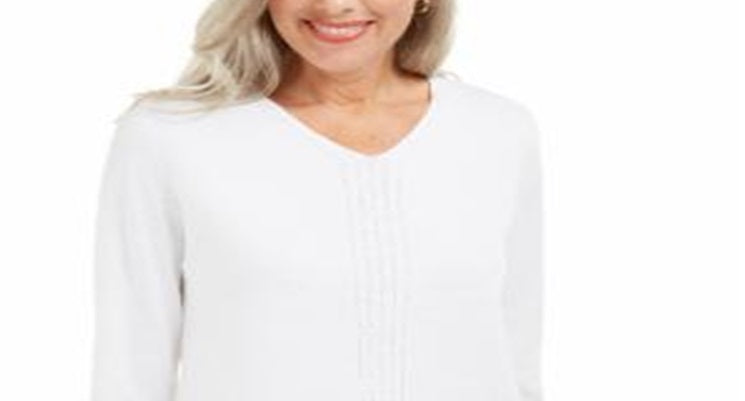 Karen Scott Suéter de malha de algodão trançado feminino, branco, tamanho extragrande