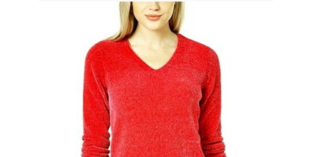 Suéter feminino Maison Jules com capuz e manga comprida e gola V, vermelho, tamanho grande