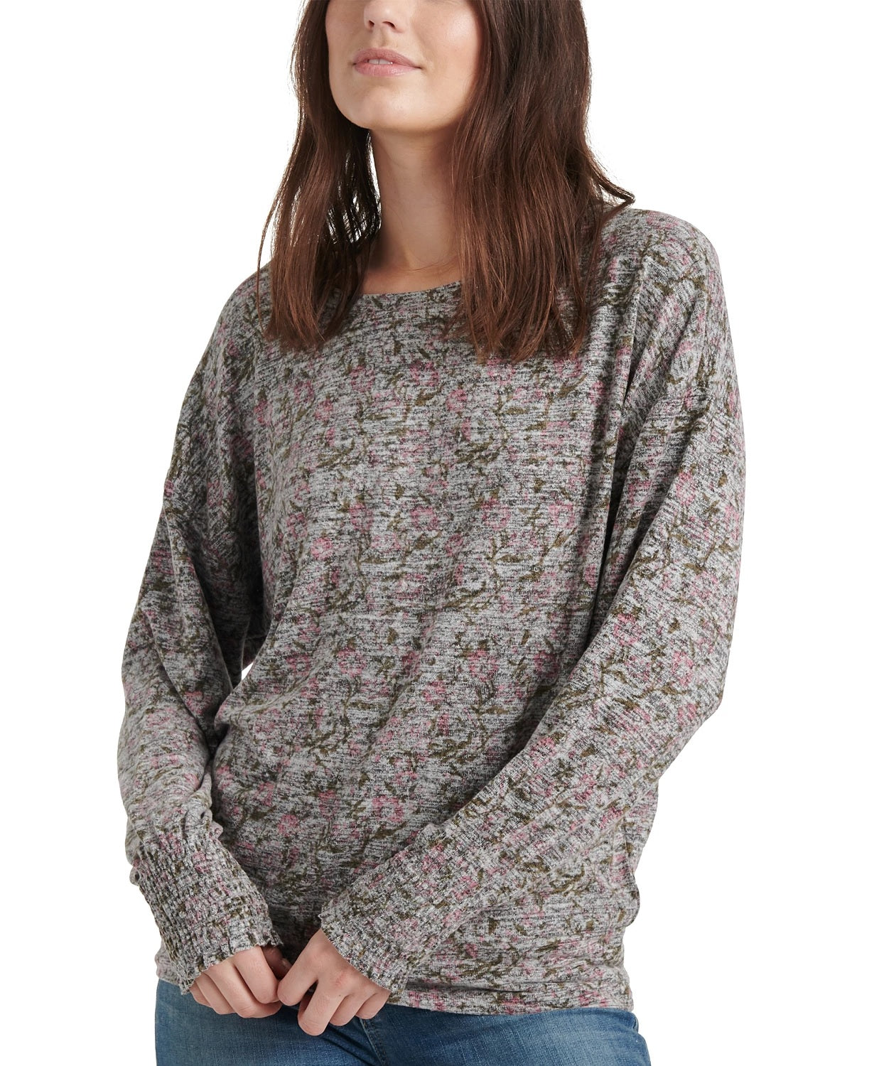 Blusa feminina Lucky Brand com punho floral e babados, rosa, tamanho extragrande