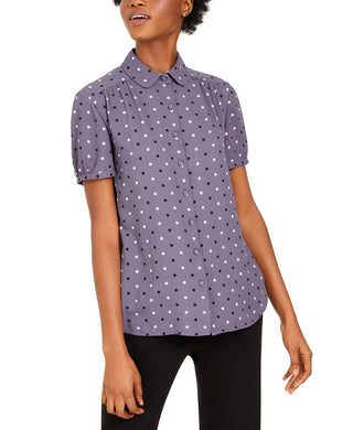 Blusa feminina Anne Klein com estampa de bolinhas e gola Peter-Pan, cinza, tamanho XXS