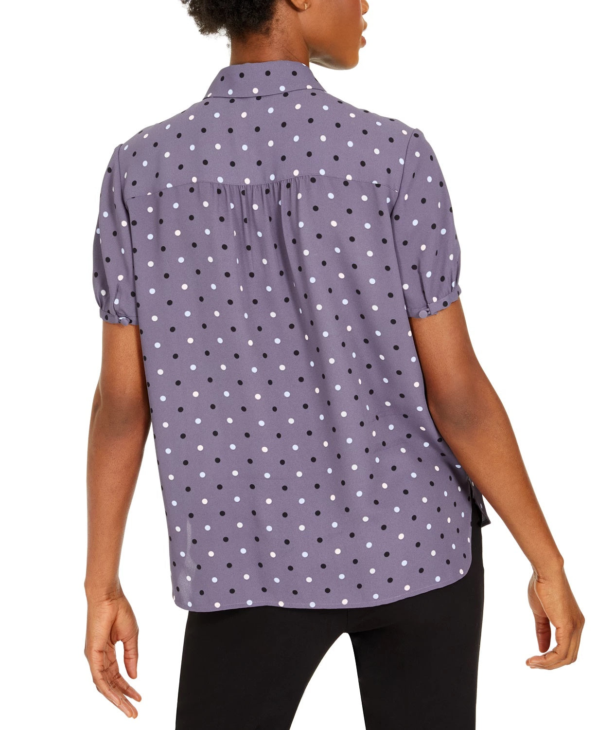 Blusa feminina Anne Klein com estampa de bolinhas e gola Peter-Pan, cinza, tamanho XXS