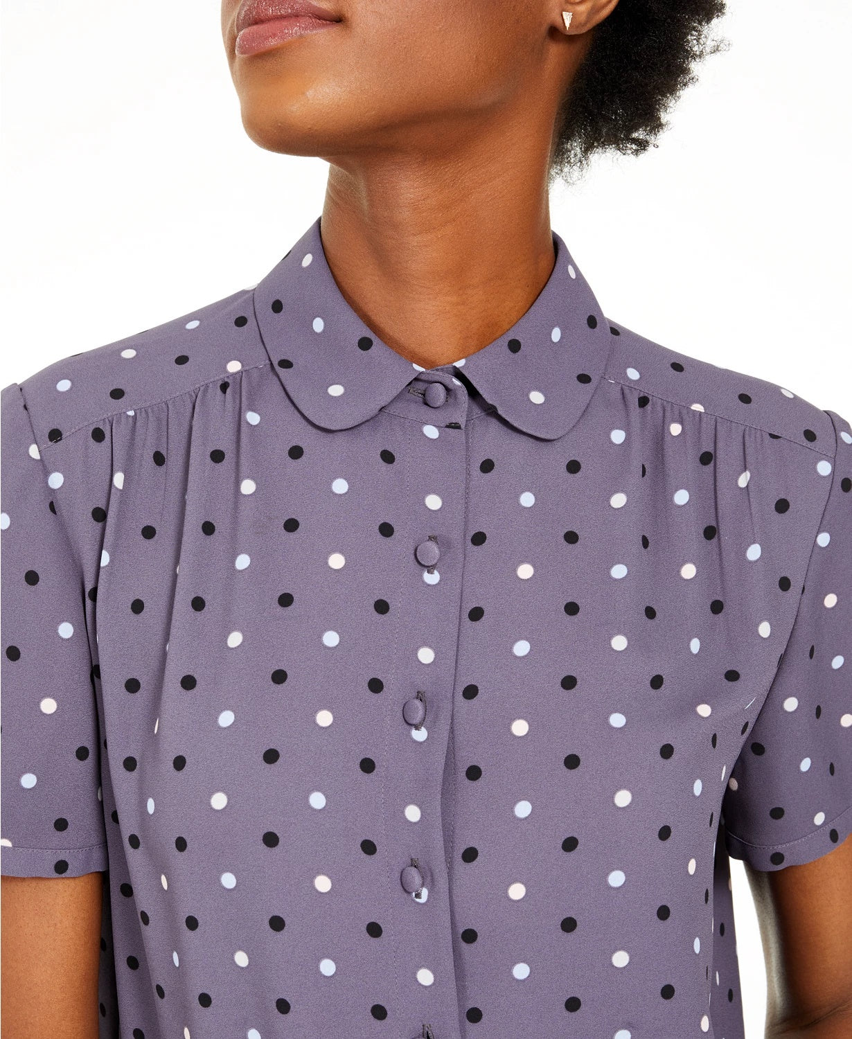 Blusa feminina Anne Klein com estampa de bolinhas e gola Peter-Pan, cinza, tamanho XXS