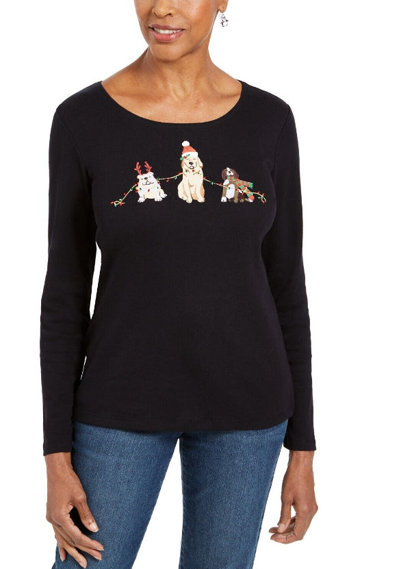 Camisa feminina bordada para cachorro Karen Scott, tamanho grande, preta