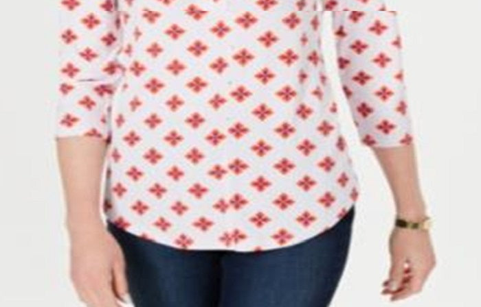 Camisa feminina de malha plissada com decote em V e estampada, tamanho X-G, branca, Charter Club