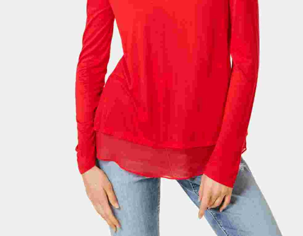 Camiseta básica feminina com acabamento transparente da INC International Concepts, vermelha, tamanho médio