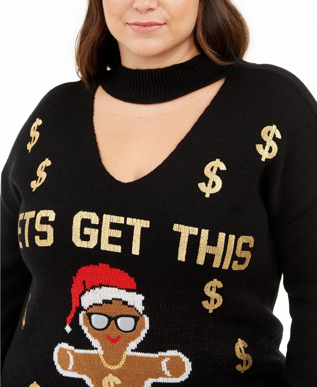 Suéter gargantilha Ultra Flirt Feminino Plus Size da moda Lets Get This Bread, preto, tamanho 3X