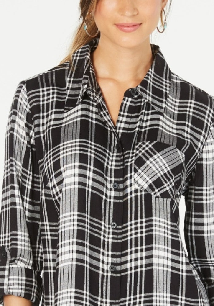 Camisa xadrez feminina de algodão com mangas curtas e abas Style &amp; Co, preta, tamanho PP