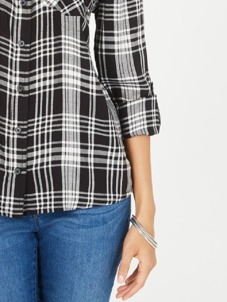 Camisa xadrez feminina de algodão com mangas curtas e abas Style &amp; Co, preta, tamanho PP