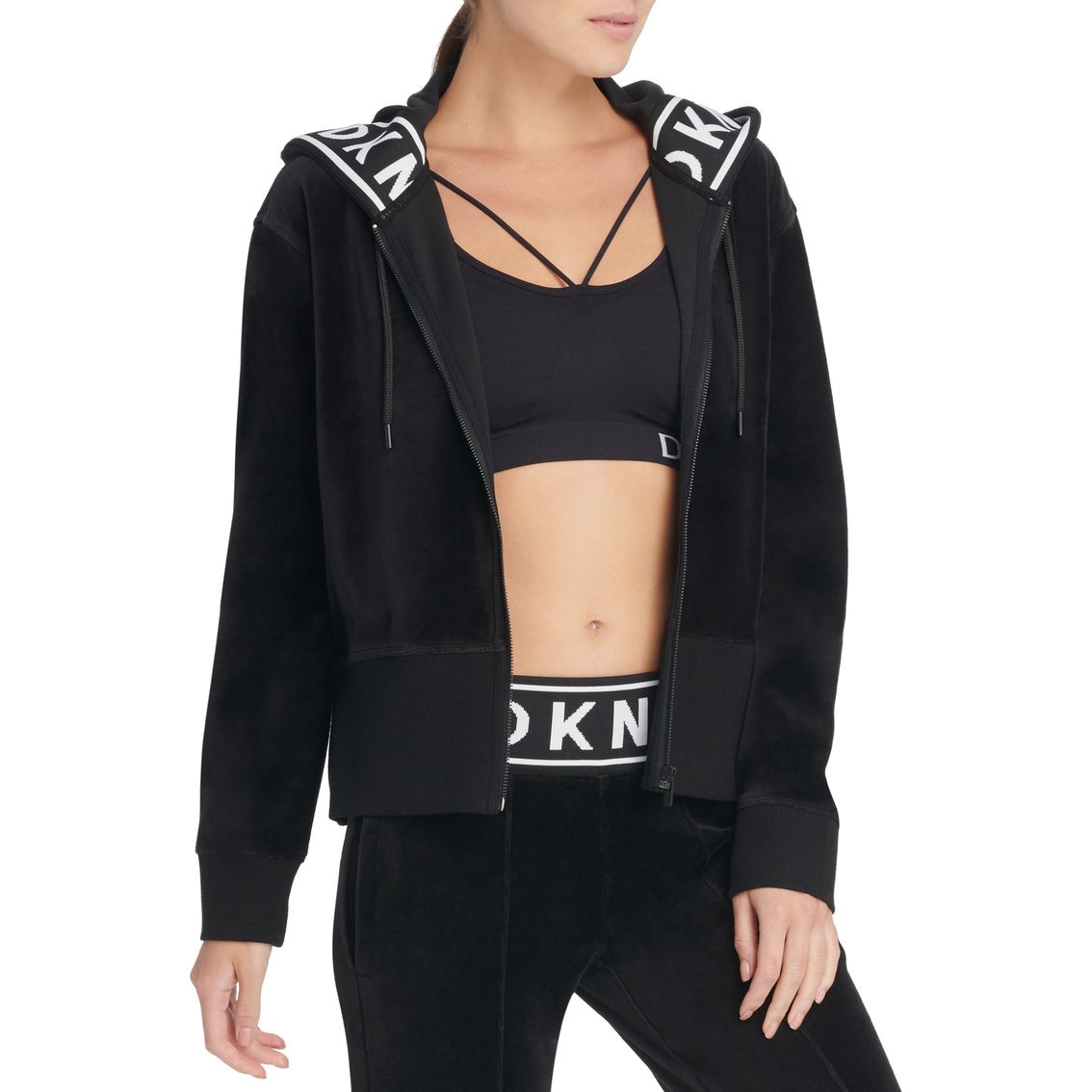 Moletom com capuz feminino DKNY Sport Logo Cuff Zip, preto, tamanho P