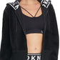 Moletom com capuz feminino DKNY Sport Logo Cuff Zip, preto, tamanho P